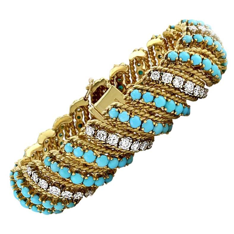 Turquoise Diamond Articulating Wide Bracelet with Rope Gold Details For Sale