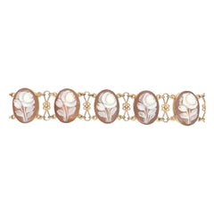 14K Yellow Gold Shell Cameo Bracelet with Carved Roses 7 3/8"