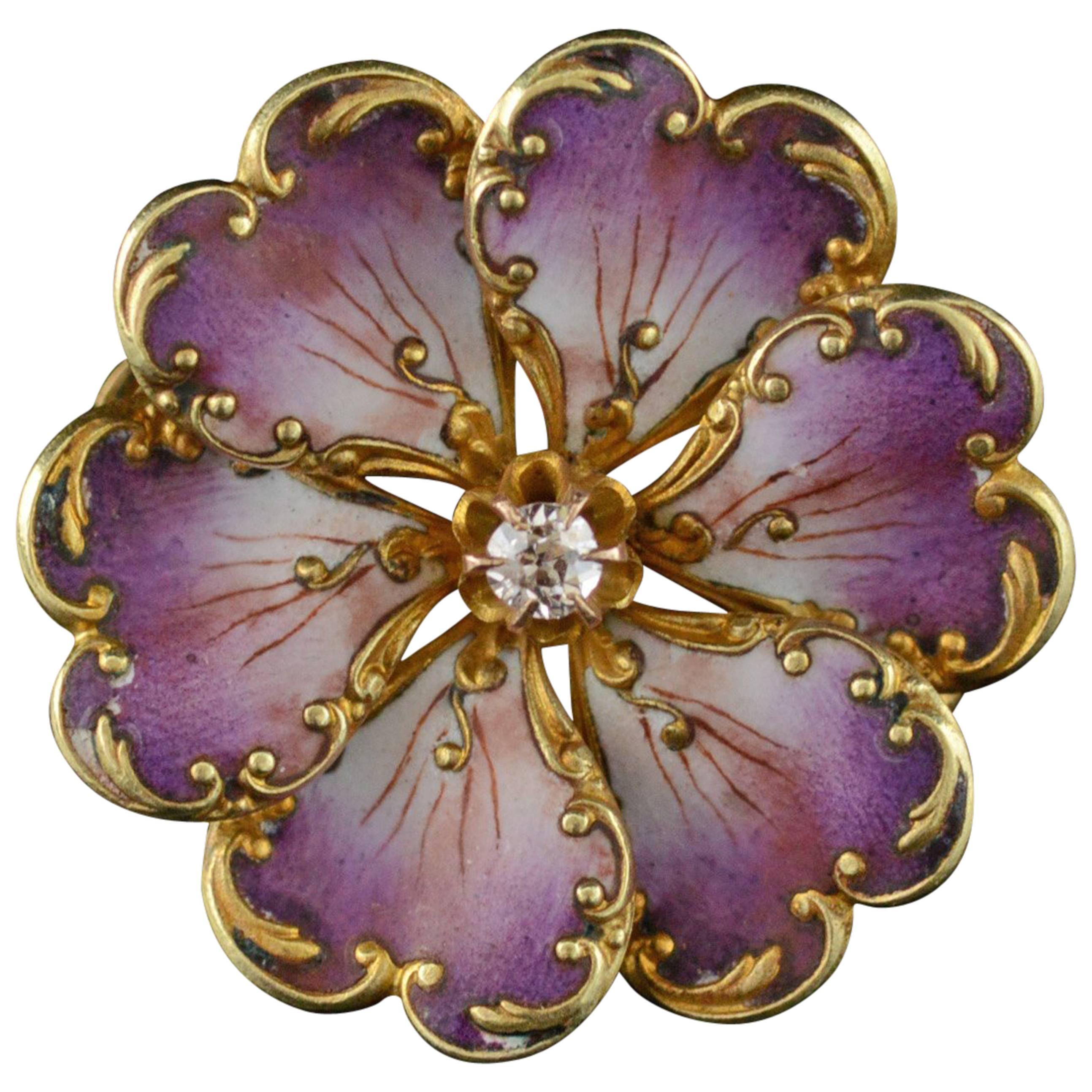 1900s Art Nouveau French Art Purple Enamel Diamond Gold Pin