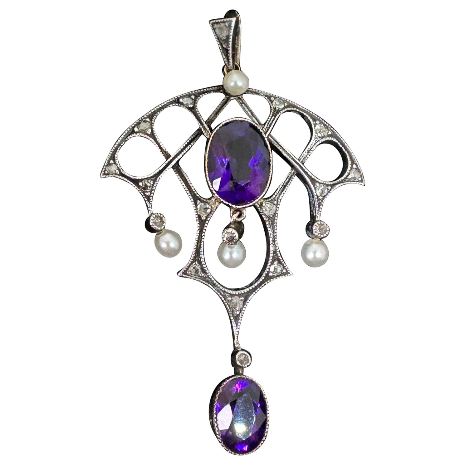 Gilded Age Siberian Amethyst Rose Cut Diamond Pearl Pendant Necklace Pink Gold