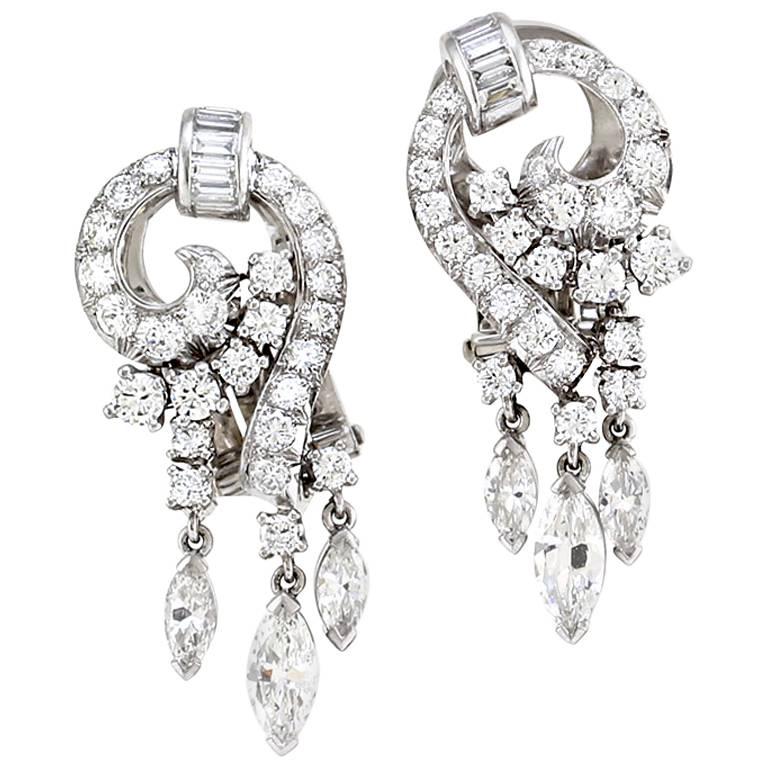 Mid-Century Diamond Drop Platinum Earrings For Sale