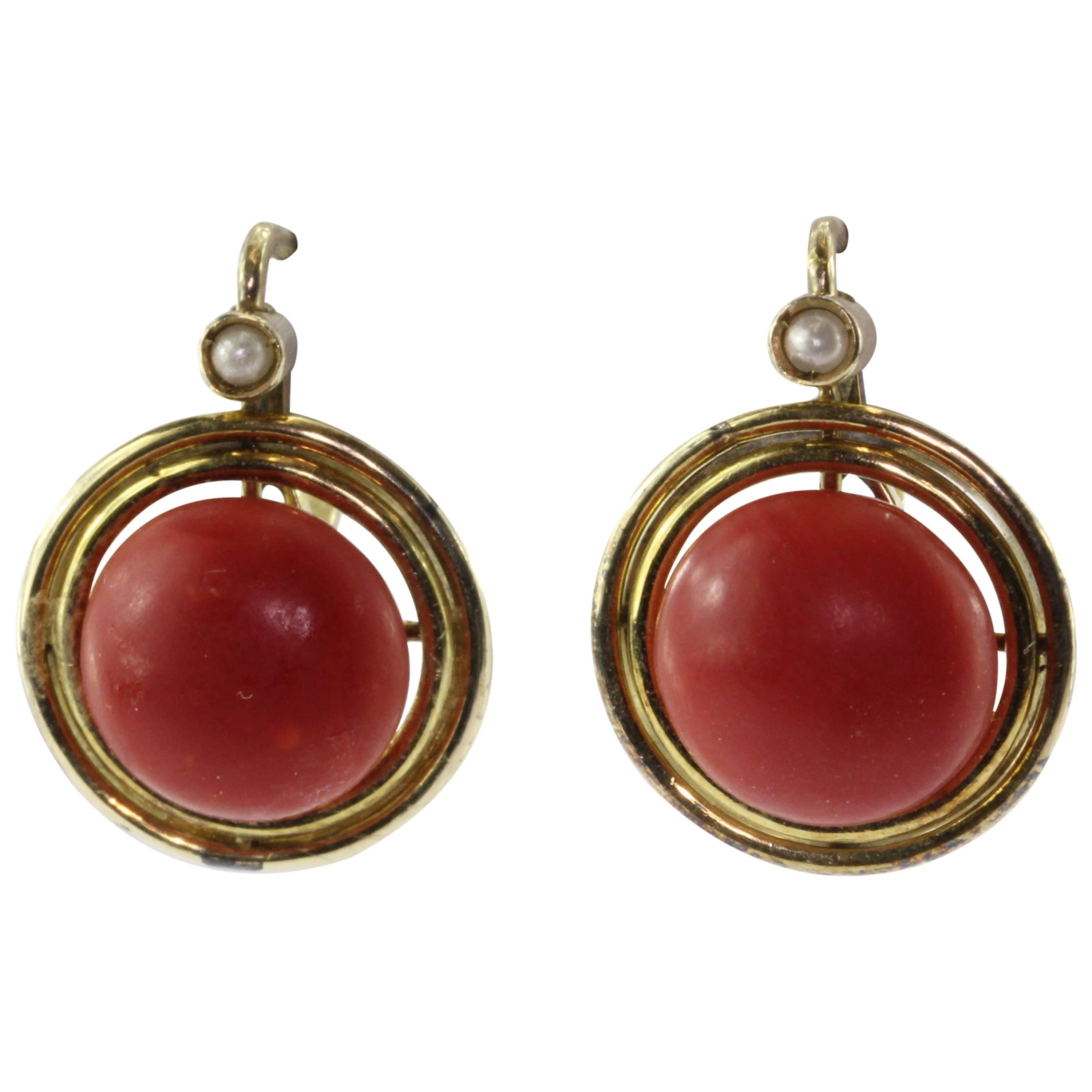 Victorian Red Oxblood Coral Seed Pearl Gold Earrings