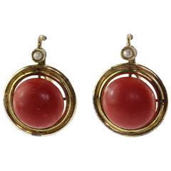 Victorian Red Oxblood Coral Seed Pearl Gold Earrings