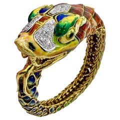 Fabulous Serpent Motif 18K Gold, Enamel and Diamond Flexible Cuff Bracelet
