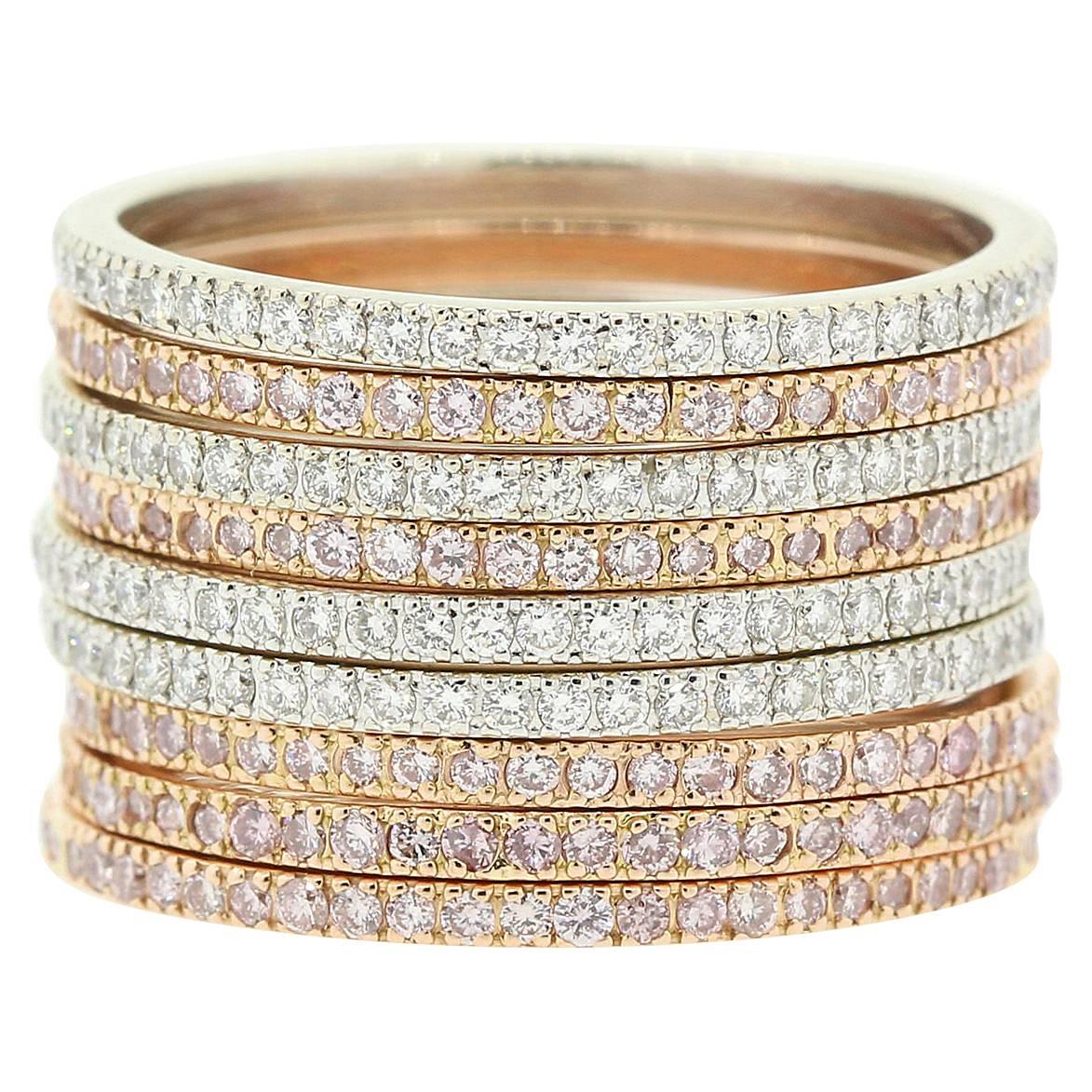 Natural Pink and White Round Brilliant Diamonds and Gold Eternity Bands