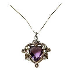 Rose De France Amethyst Heart Pendant Necklace Art Nouveau Sterling Silver Pearl