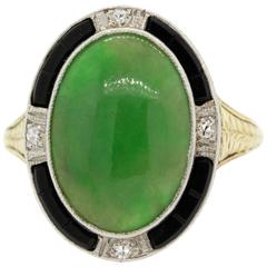 Antique Natural Jade Onyx Diamond Gold Platinum Ring