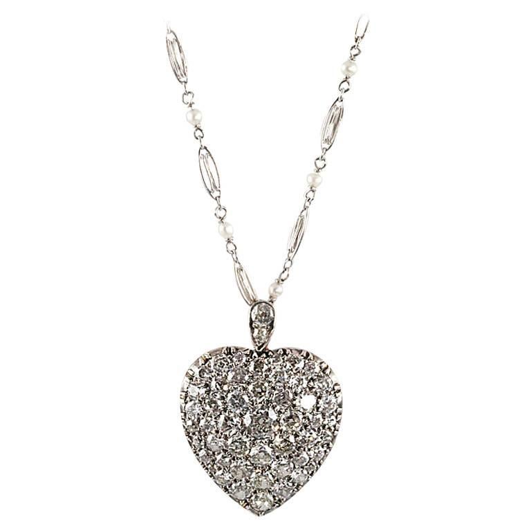 Victorian 4.25 Ct. Diamond, Silver, Gold Heart Locket On Platinum & Pearl Chain For Sale