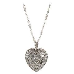 Antique Victorian 4.25 Ct. Diamond, Silver, Gold Heart Locket On Platinum & Pearl Chain