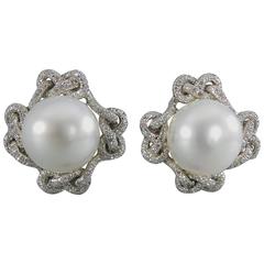 Vintage Verdura Lace South Sea Pearl Diamond Platinum Earclips