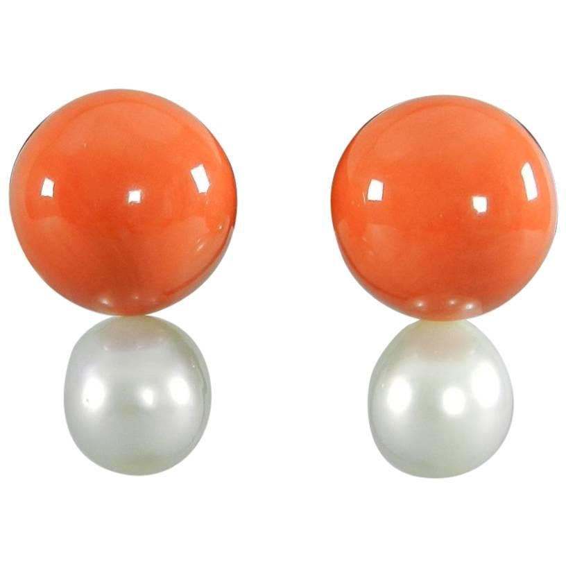 Coral Baroque South Sea Pearl Gold Earrings