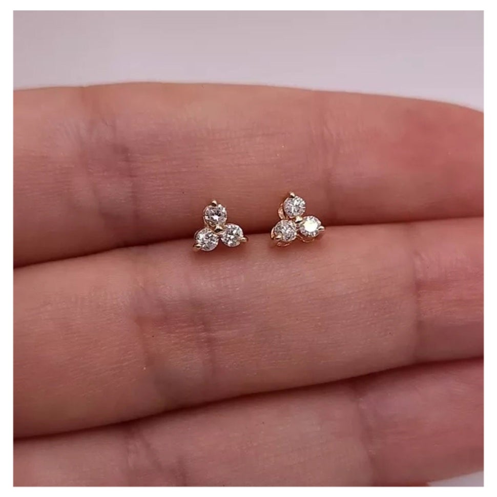 Diamond Stud Earrings Real Diamond 14K Gold Studs 3 Stone Diamond Earrings Trio.
