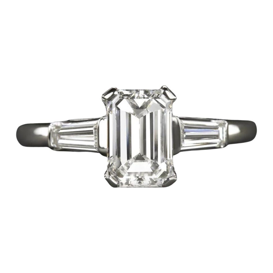 Vintage 1.70 Carat Emerald Cut Diamond Platinum Ring F VS2