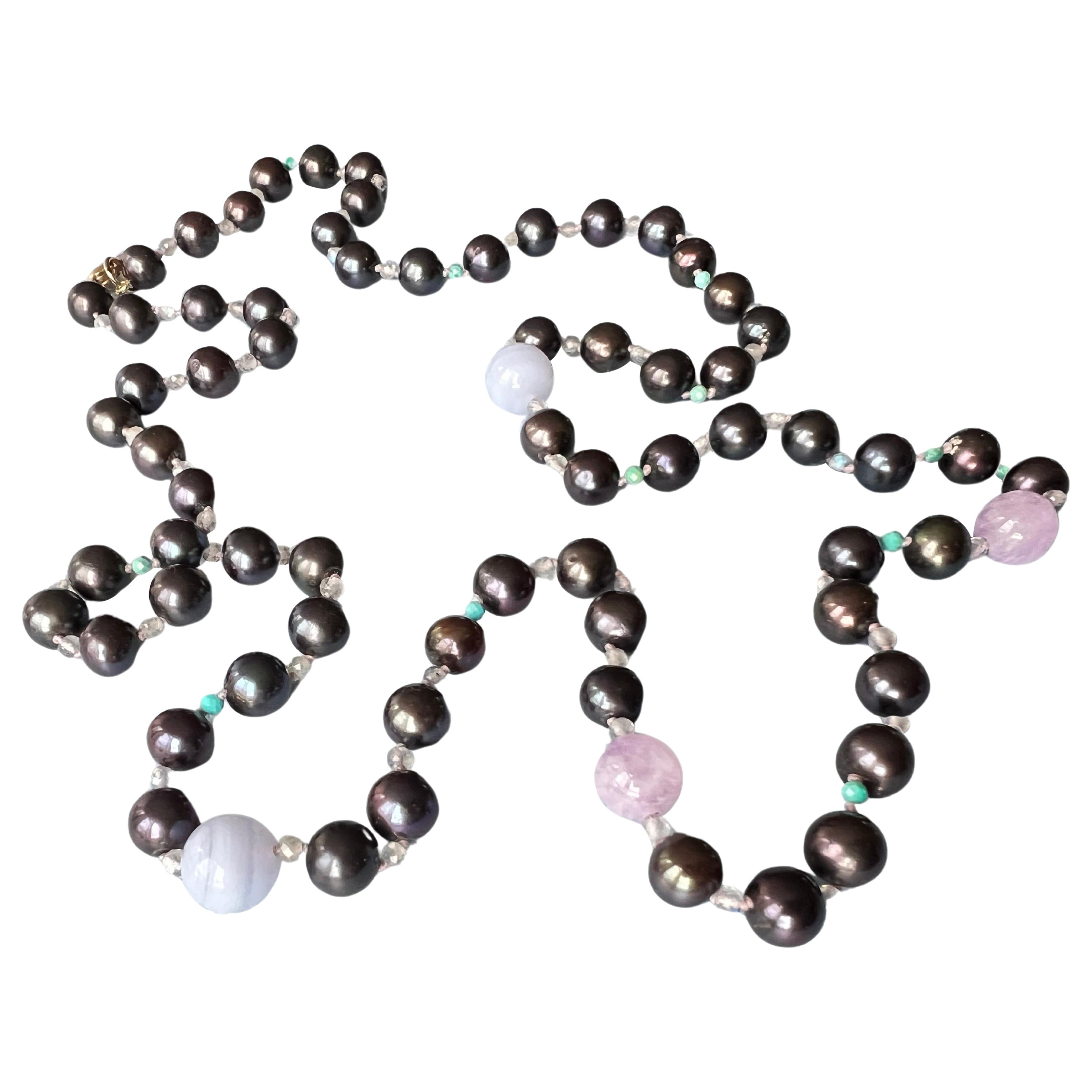 Black Pearl Grey Labradorite Turquoise Amethyst Long Bead Necklace For Sale