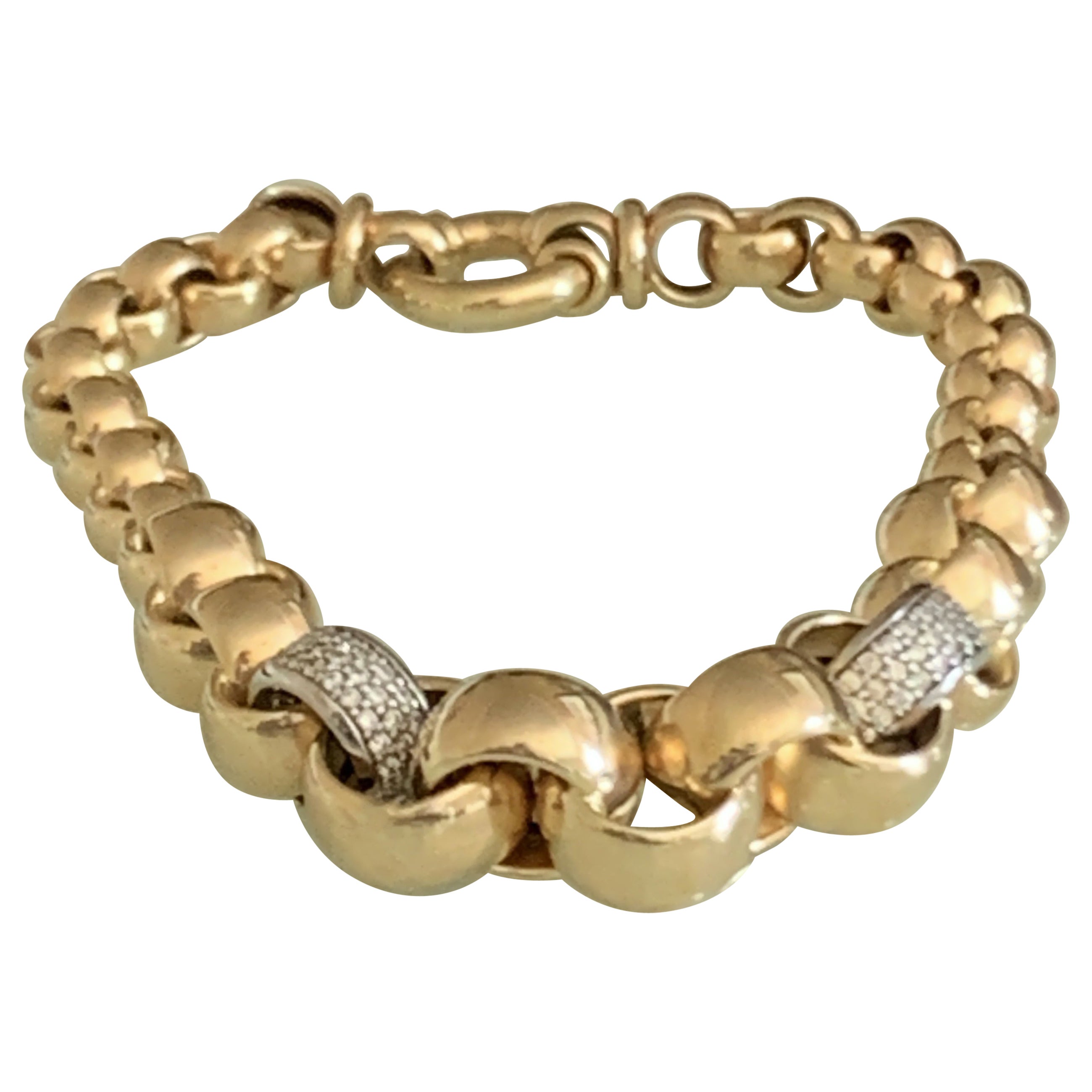 14ct Gold Bracelet with Two Pave Diamond Links For Sale