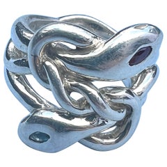 Anillo de cóctel de serpiente con marqués de rubí y aguamarina Plata J DAUPHIN