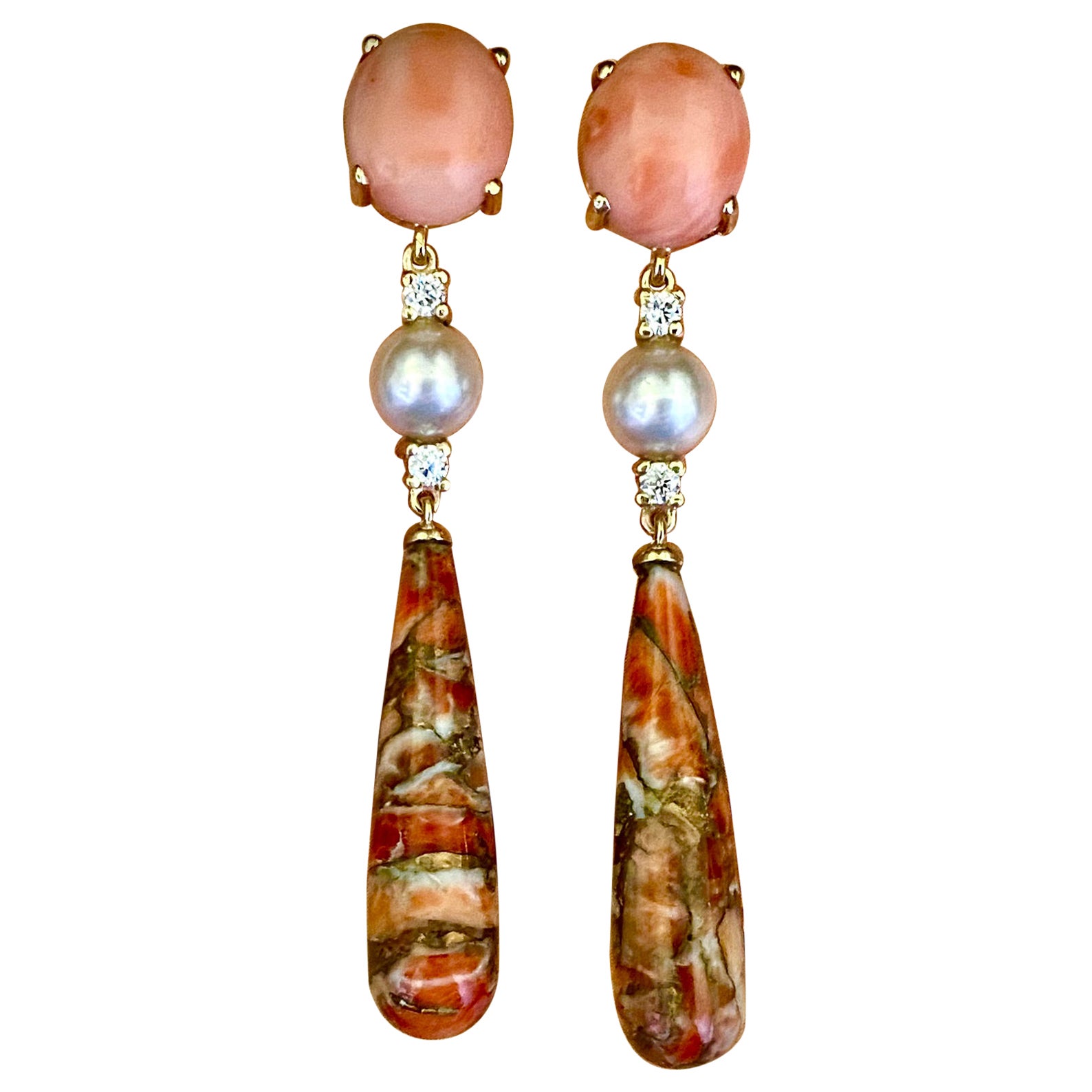 Michael Kneebone Coral Diamond Akoya Pearl Fossilized Coral Dangle Earrings