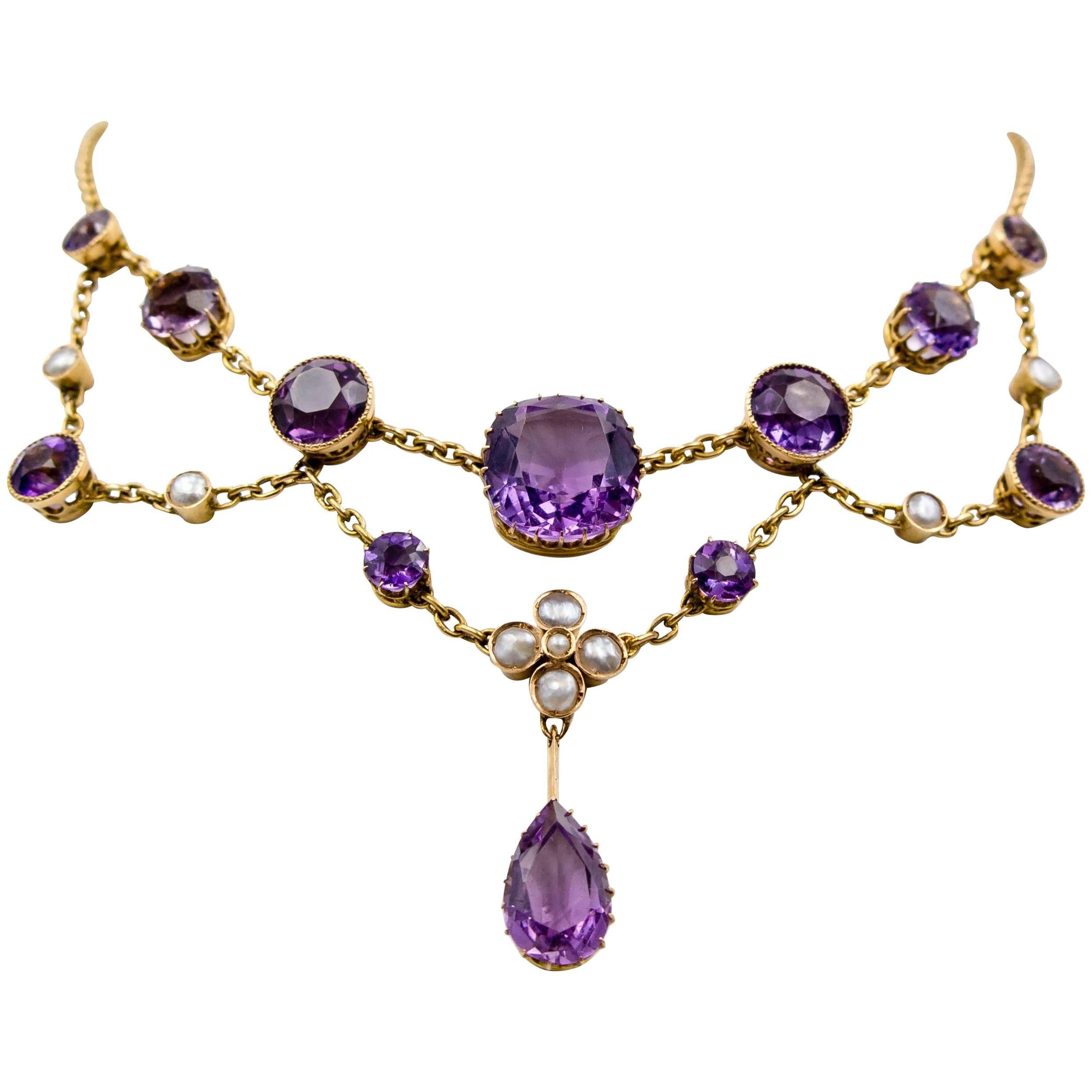 Antique Victorian  Amethyst Pearl Gold Swag Necklace