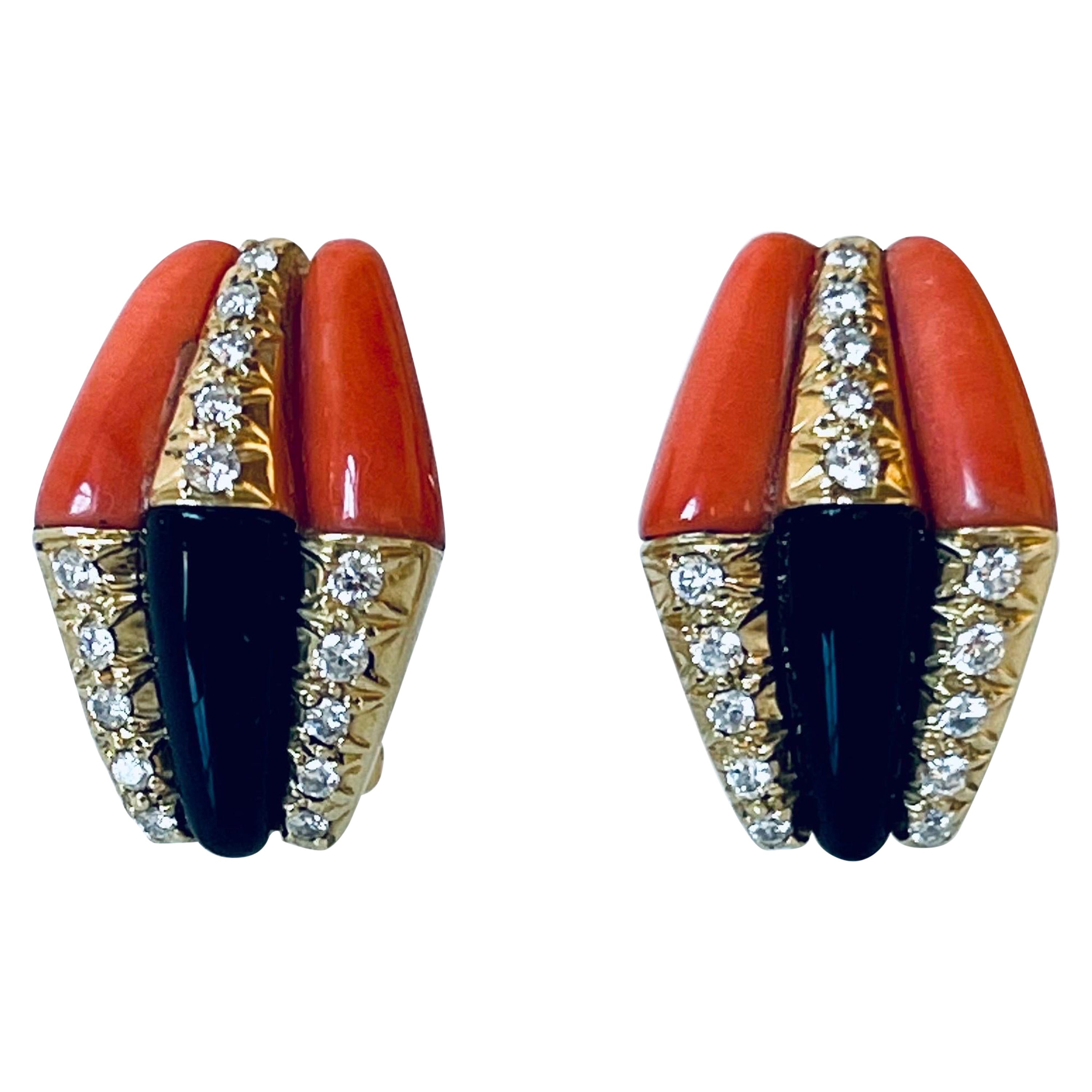 Tiffany & Co 18K Gold Coral Onyx Earrings C 1960