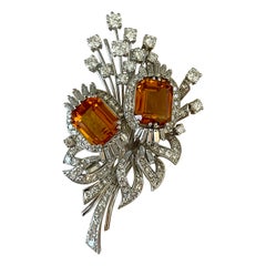 Vintage Brooch Citrine Diamonds 18 K white Gold ca 1950