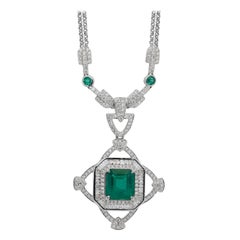 Fascinating 8.02ct Emeralds and Diamonds Necklace with Pendant in 14k White Gold