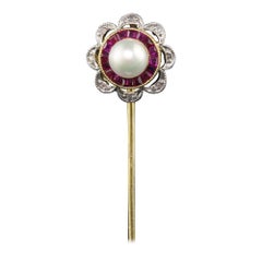 Antique Art Deco 18K Gold Platinum Ruby Diamond and Pearl Target Stick Pin