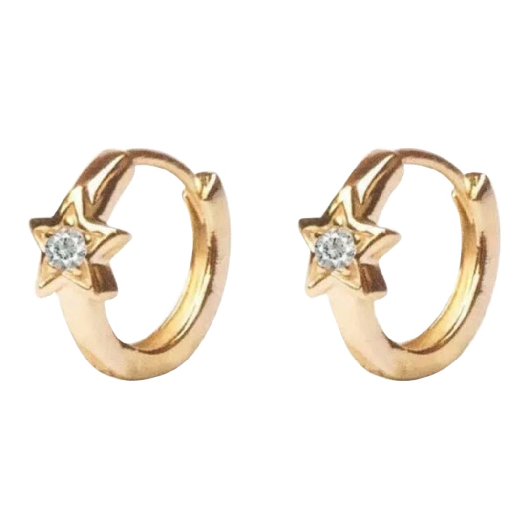Diamond Star Hoop Earrings 14K Solid Gold Mini Hoop Earring Christmas Gift.