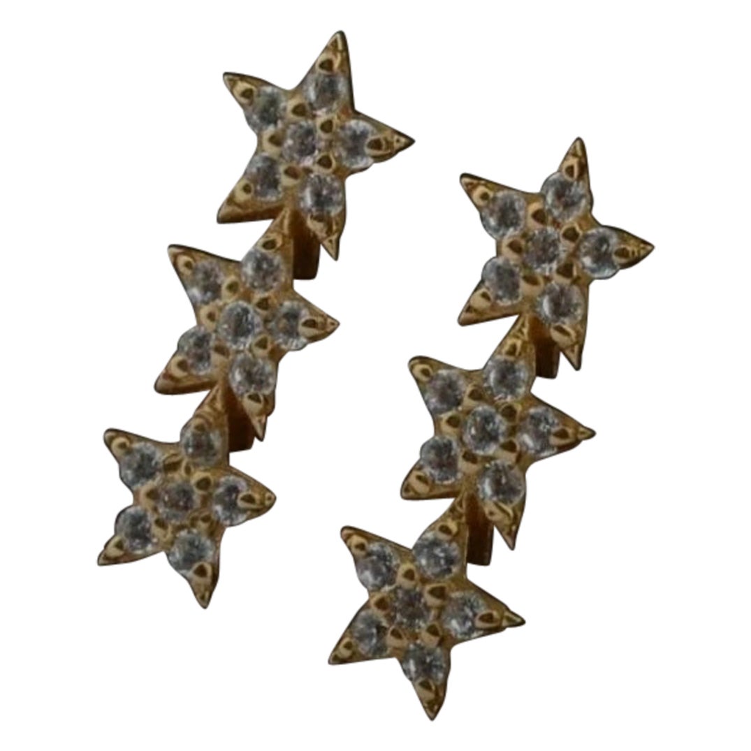 Diamond Triple Sparkling Stars Stud Earrings 14k Solid Gold Star Bar Jewelry.