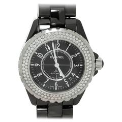 Orologio da polso automatico Chanel da donna in acciaio inossidabile con lunetta di diamanti e ceramica nera