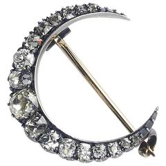 Victorian Diamond Silver Gold mounted Crescent Brooch 