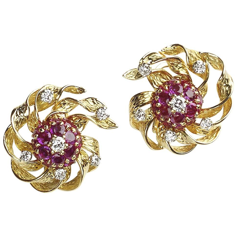 1960s Kutchinsky London  Ruby  Diamond Gold Earrings
