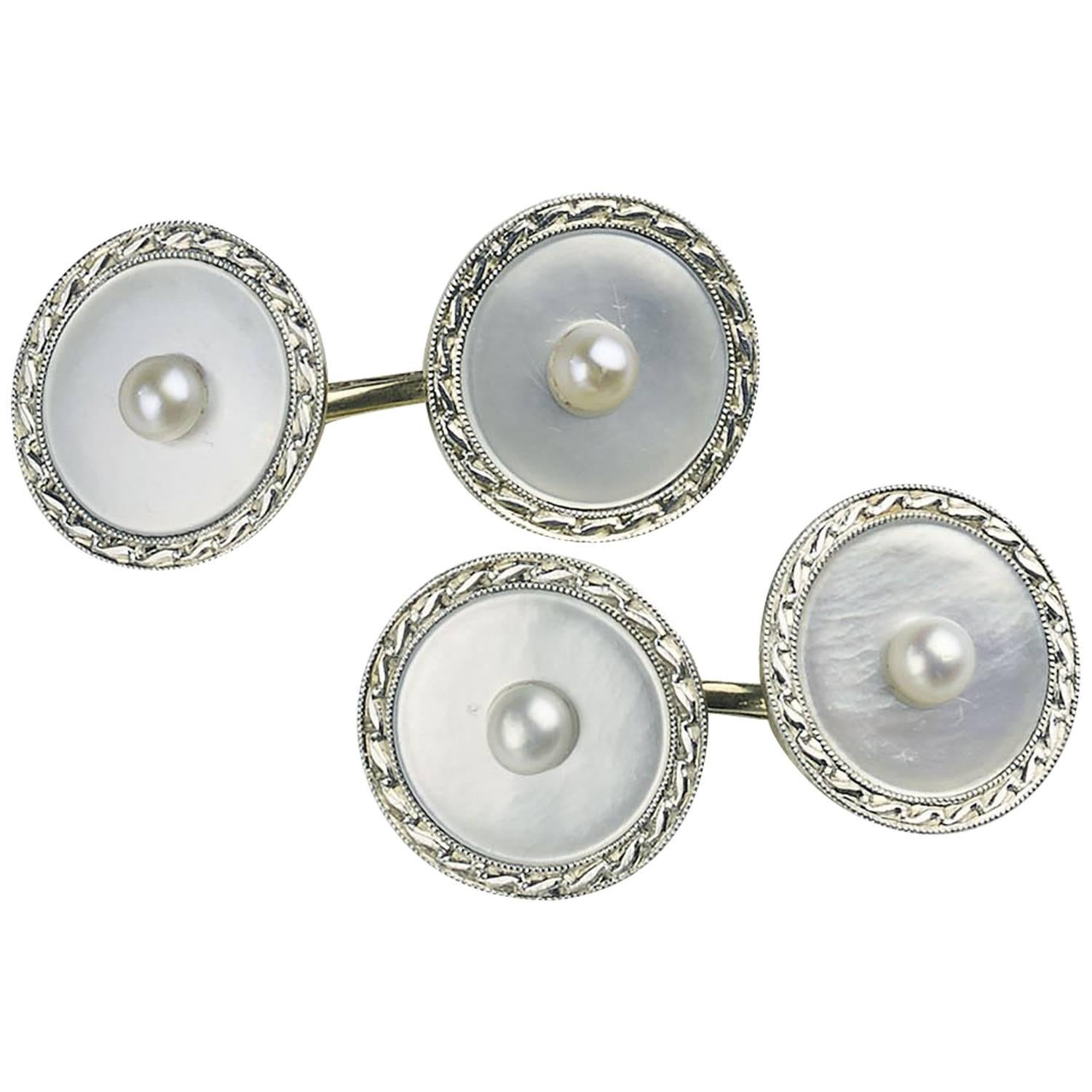 1930s Pearl Mother-of-Pearl Gold Platinum Cufflinks