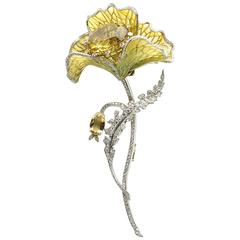 Enamel oval-cut citrine yellow topaz diamonds silver on gold Poppy Brooch