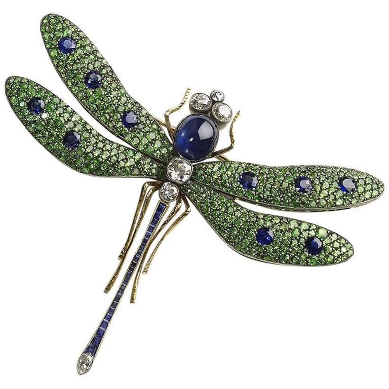 Green Sapphire Diamond Silver on Gold Dragonfly Brooch For Sale