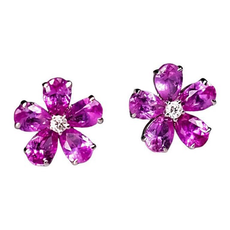 Pink Sapphire Diamond Sakura Cherry Blossom Flower Stud Earrings 18K Rose Gold
