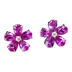 Pink Sapphire Diamond Sakura Cherry Blossom Flower Stud Earrings 18K Rose Gold