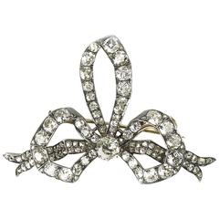 Antique Victorian Diamond Silver Upon Gold Bow Brooch
