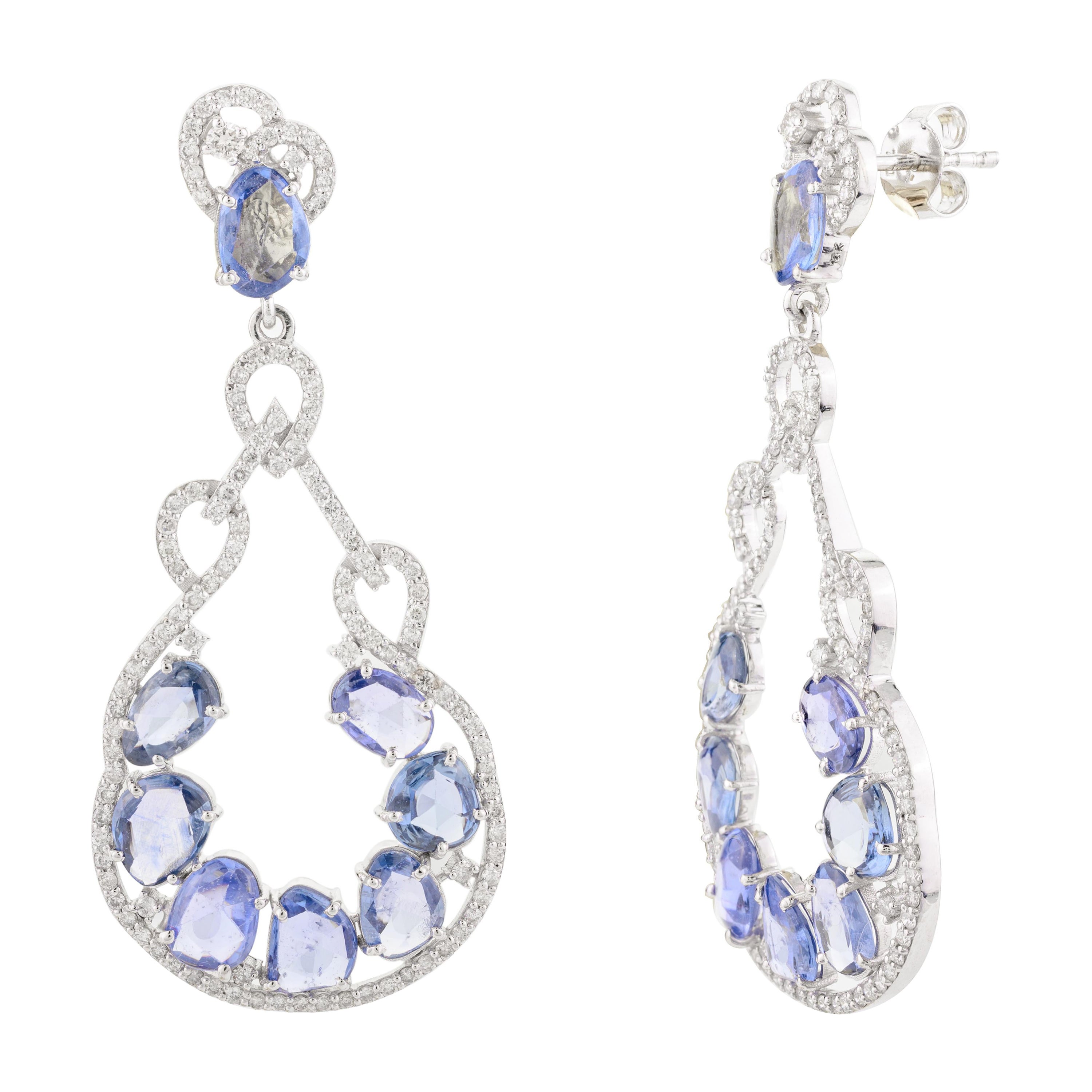 8.71 Carat Blue Sapphire Diamond Dangle Earrings for Wedding in 18k White Gold