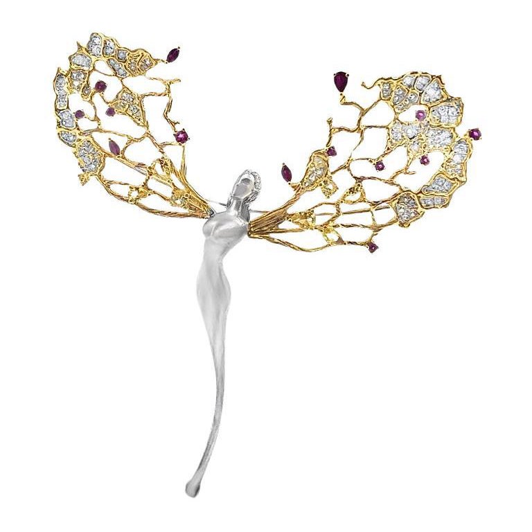 18K Gold Yellow Sapphire & Ruby Brooch with Diamonds