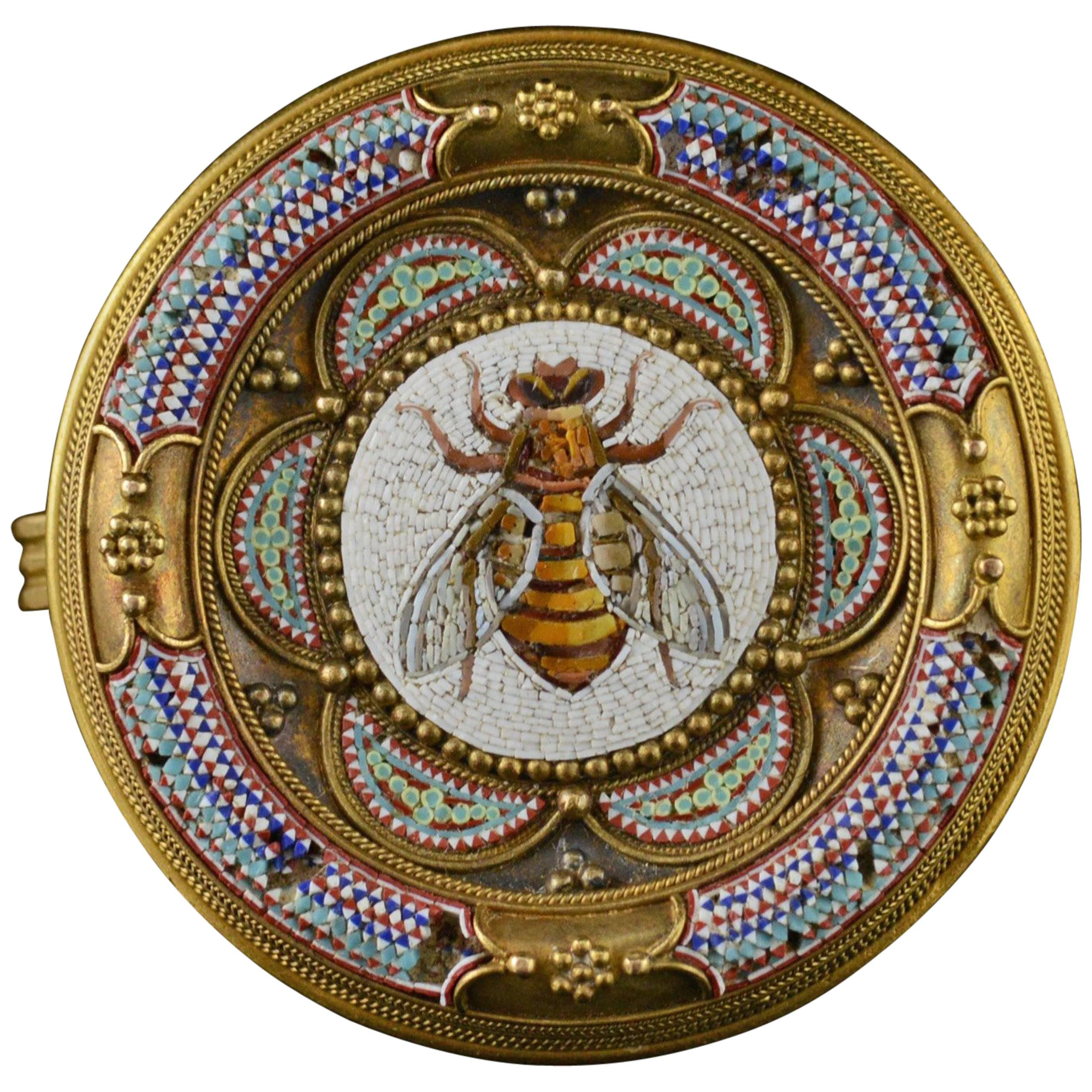 1870s Egyptian Revival Honey Bee Micro Mosaic Gold Brooch