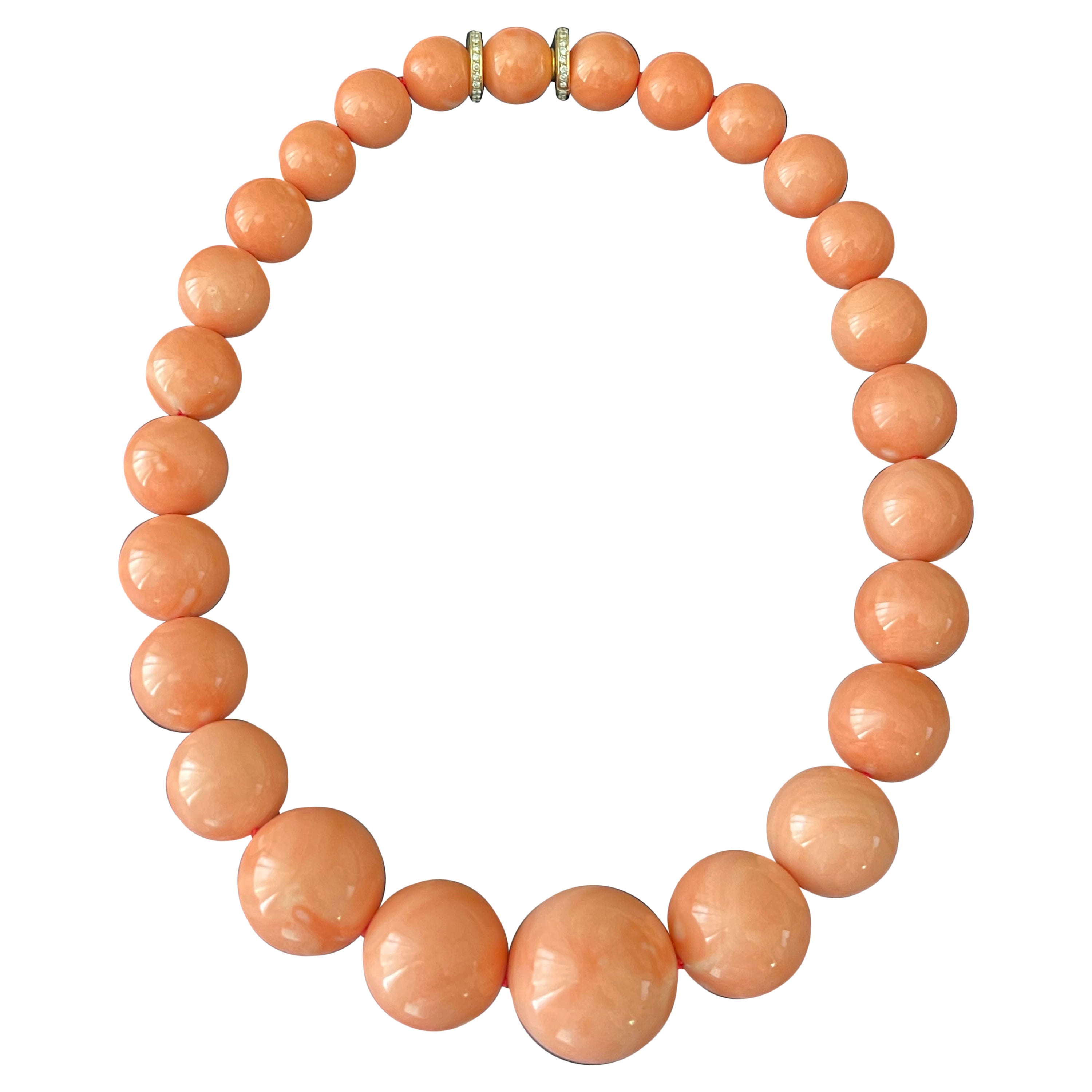 Huge orangy pink Coral bead Necklace 18 yellow Gold Diamond Clasp Sabbadini
