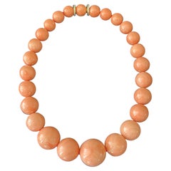 Huge orangy pink Coral bead Necklace 18 yellow Gold Diamond Clasp Sabbadini