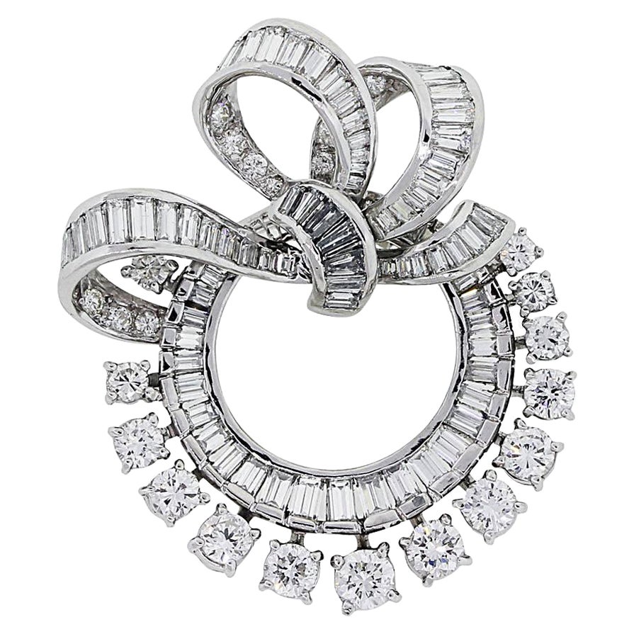 Natural Round, Baguette and Emerald Cut Diamond Platinum Pin Brooch In Stock For Sale