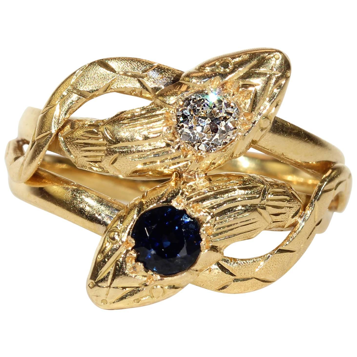 Antique French Sapphire Diamond Gold Snake Ring