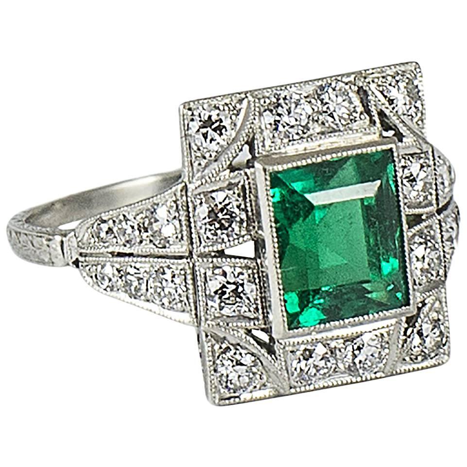 Art Deco Platinum Diamond and Emerald Ring For Sale