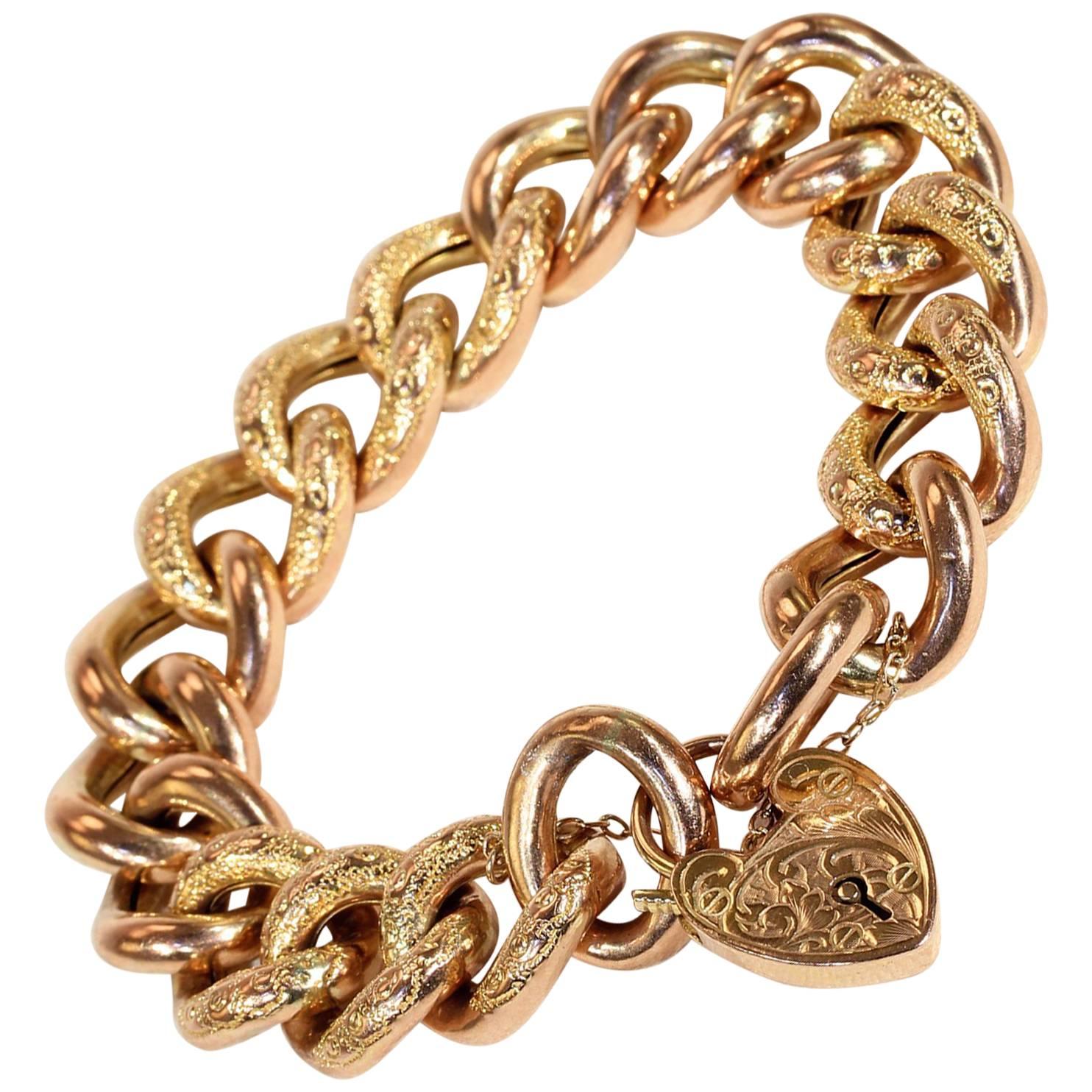 Antique Victorian Gold Curb Link Heart Lock  Bracelet For Sale