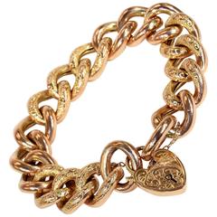 Antique Victorian Gold Curb Link Heart Lock  Bracelet 