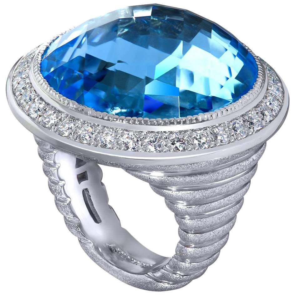 Alex Soldier 40.5 ct Blue Topaz Diamond White Gold Ring Ltd Ed Handmade in NYC