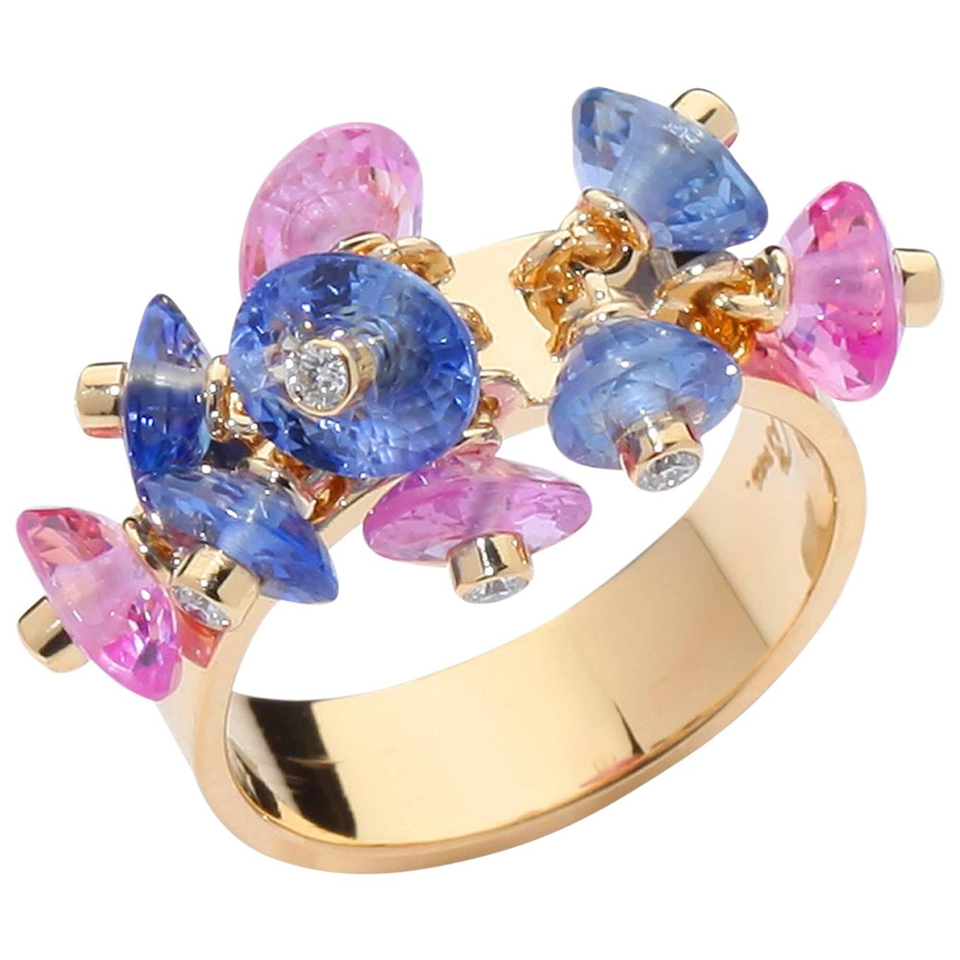 Aletto Brothers Inc Blue Sapphire Pink Sapphire Yellow Gold Ring  For Sale