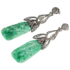 Antique Art Deco Jade Diamond Earrings 